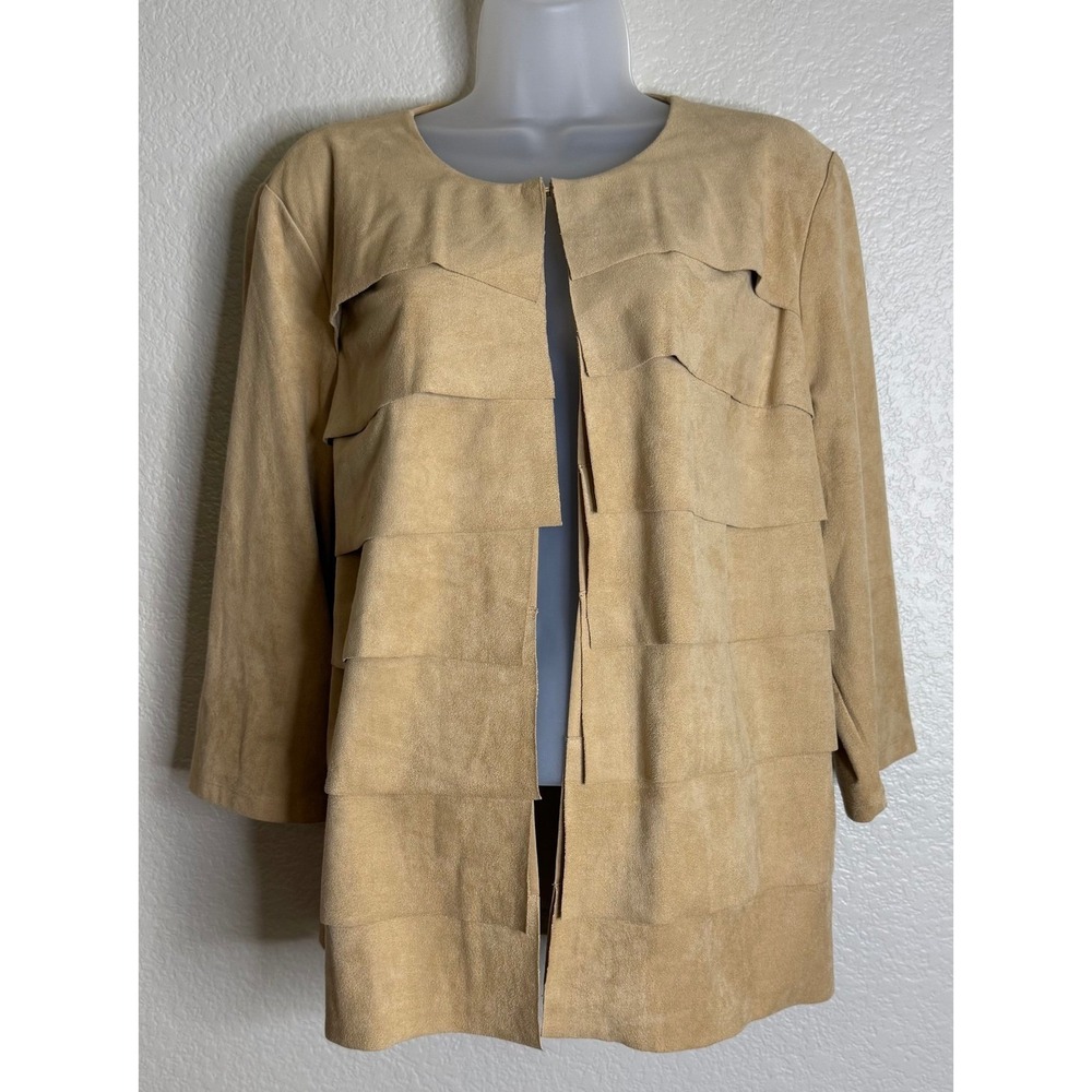 Chicos Travelers 2 US L Faux Suede Jacket‎ Arabian Camel Tiered Layered Open NEW